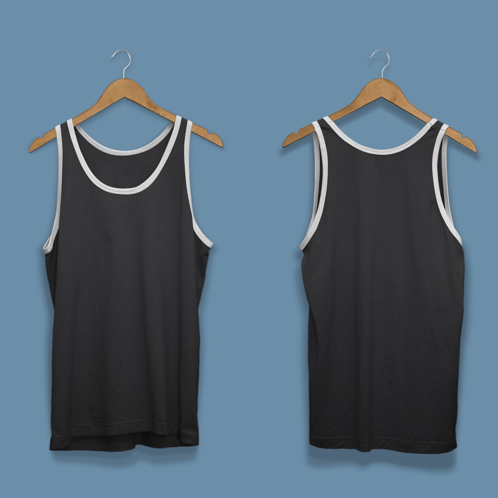 Premium Quality Pair Of Custom Black Tank Tops With White Border on Neck and Sleeves.